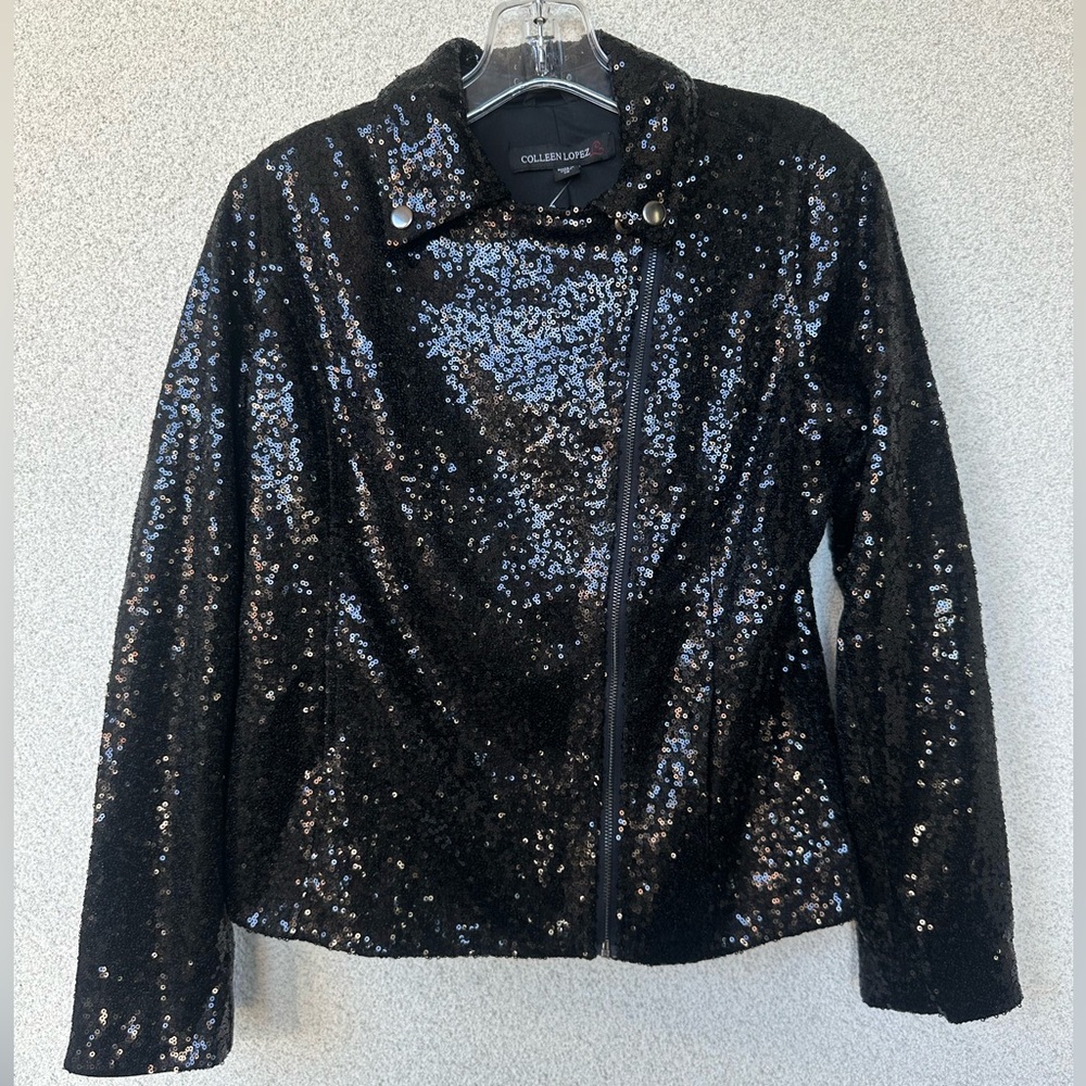 Colleen Lopez Black Sequin Moto Jacket Size XS NWT HSN